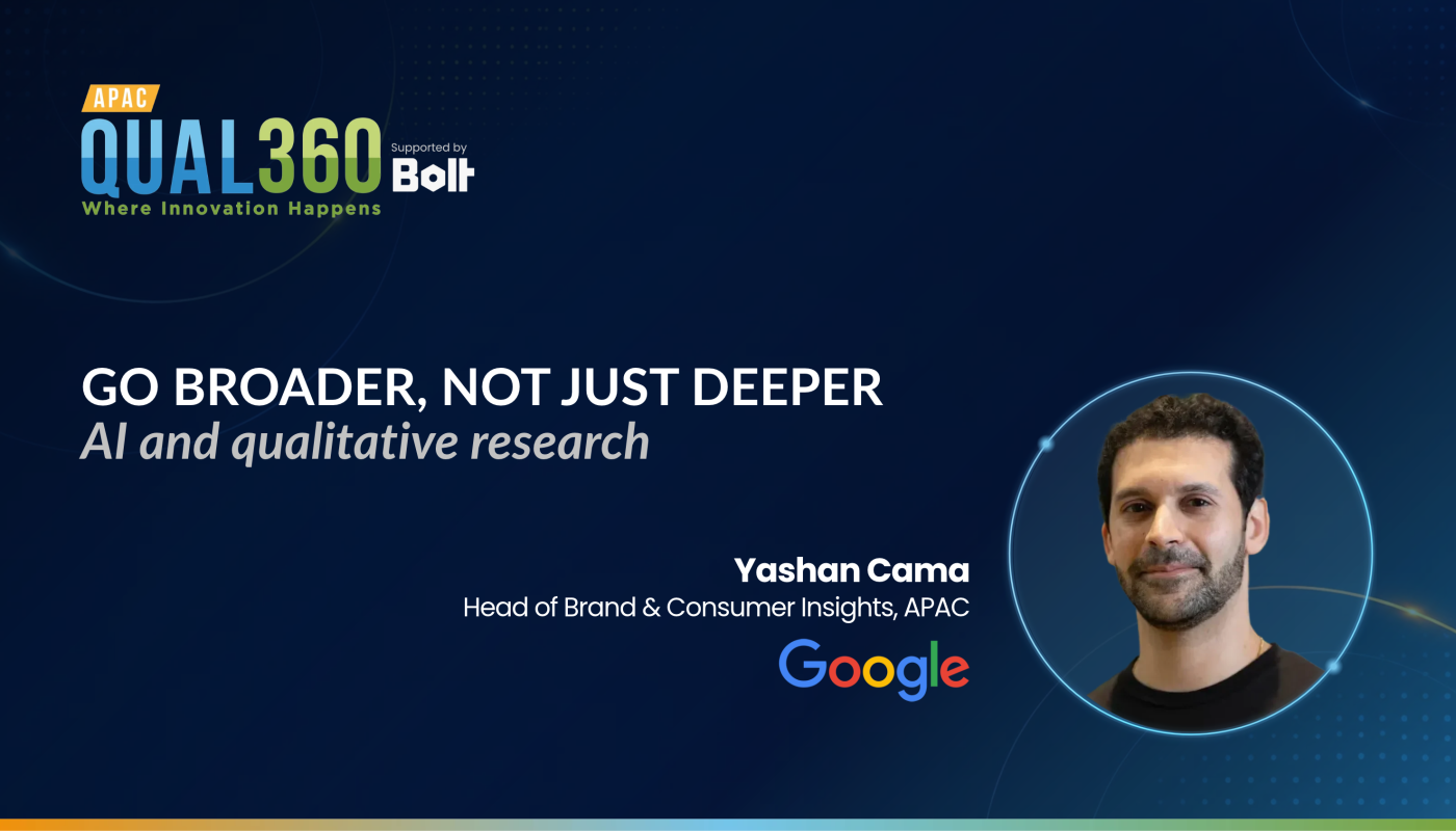 Yashan Cama of Google discussing AI in qualitative research at QUAL360 APAC 2026