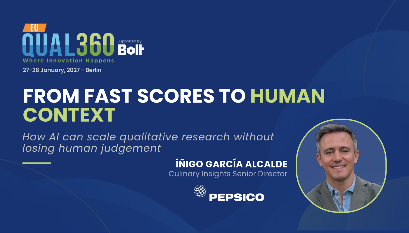 QUAL360 Europe 2027 interview banner featuring Íñigo García Alcalde of PepsiCo, exploring AI in qualitative research and human context.