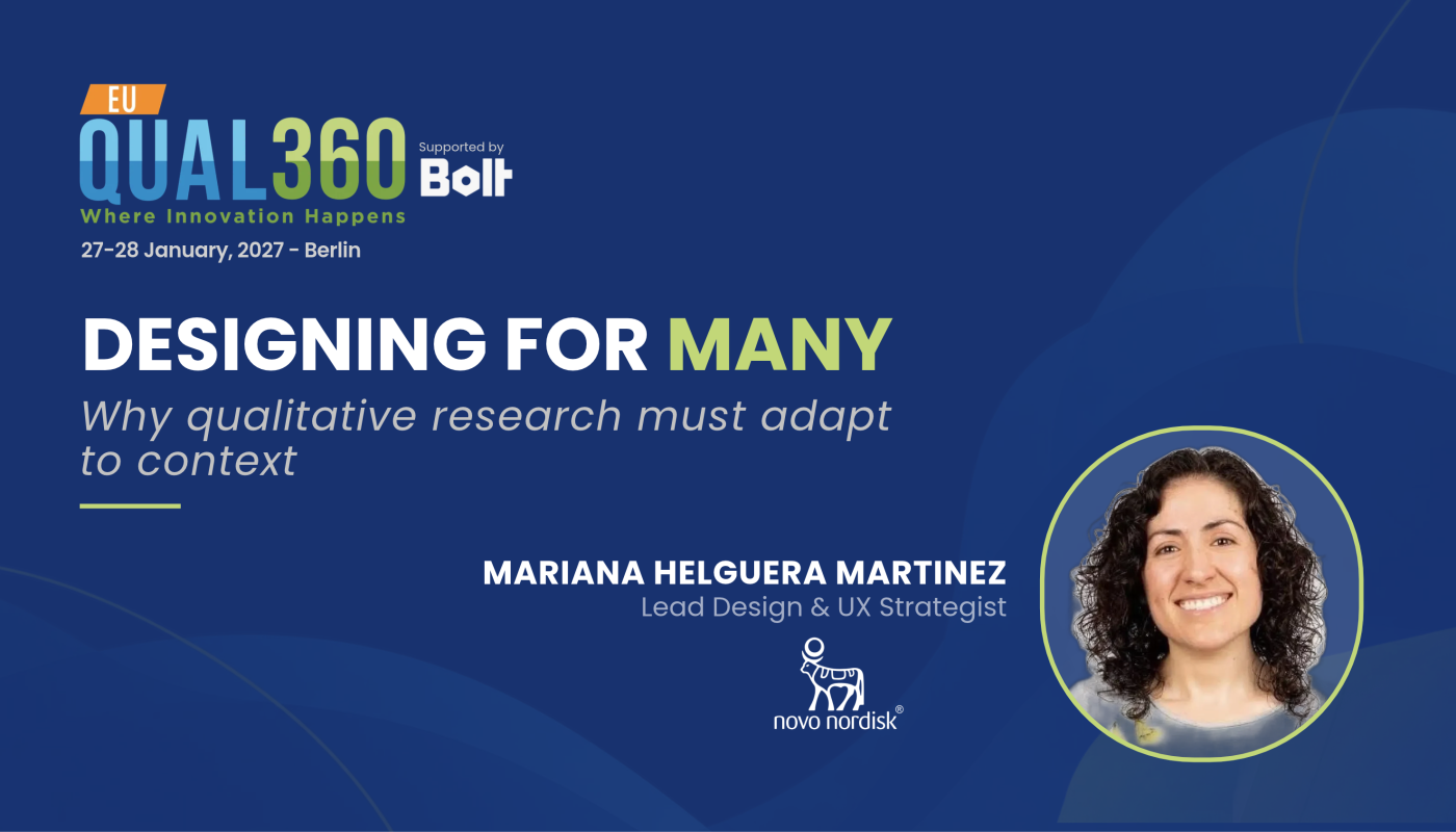 QUAL360 Europe 2027 interview banner about qualitative research in healthcare featuring Mariana Helguera Martinez