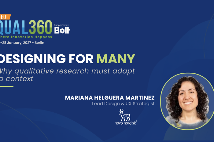 QUAL360 Europe 2027 interview banner about qualitative research in healthcare featuring Mariana Helguera Martinez